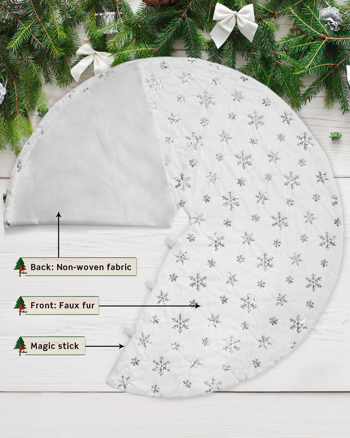 COOLWUFAN 48 Inches Faux Fur Christmas Tree Skirt for Xmas Tree Holiday Party Decorations White Plush Silver Sequin Snowflake (Silver)