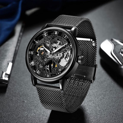 Whodoit Men's Mesh Strap Mechanical Skeleton Watch