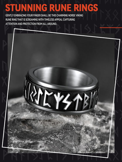 FaithHeart Viking Rings Men Stainless Steel Fidget Ring Spinning Jewellery Norse Runes Band Cool Boys Ring Size O