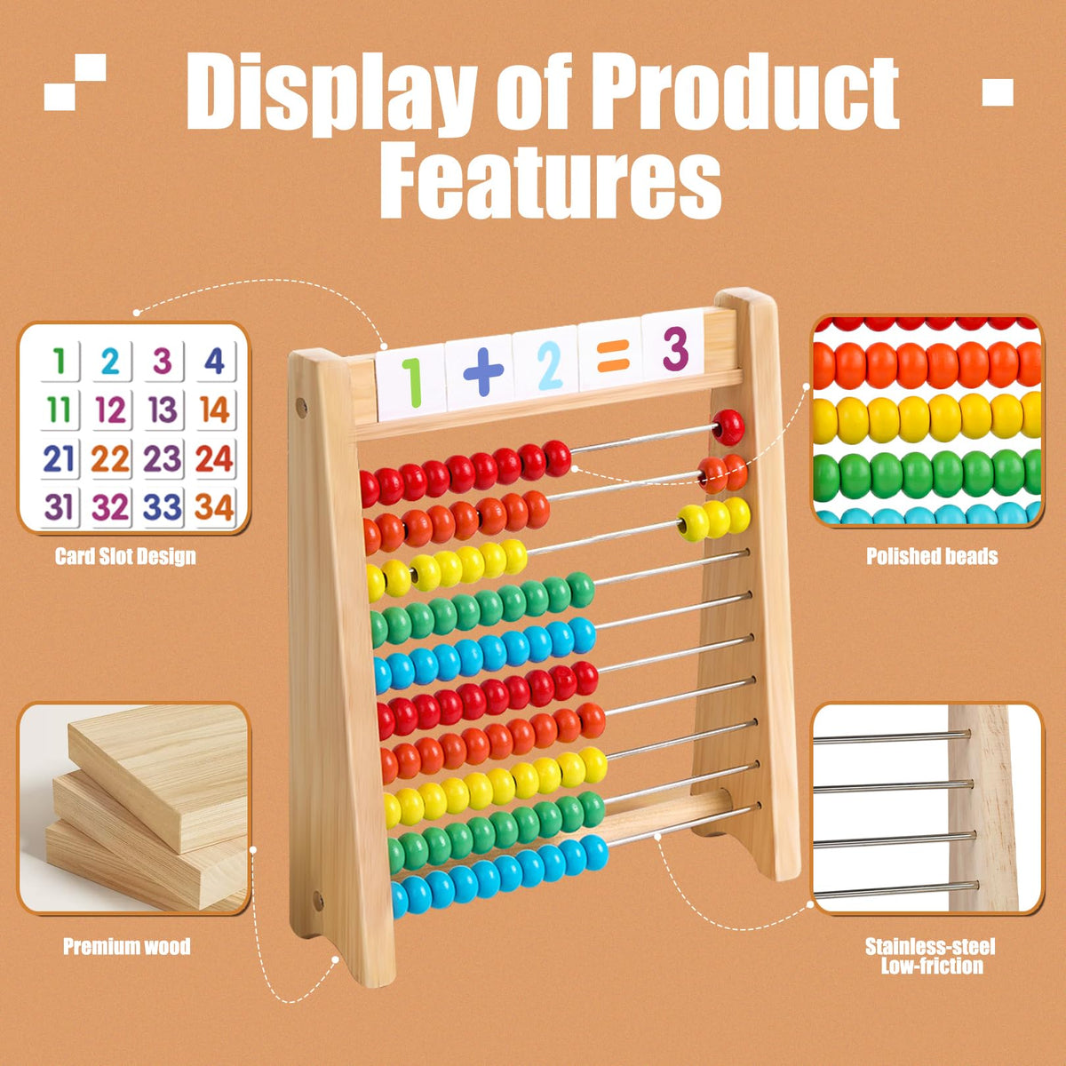 Ranqibo Wooden Abacus for Kids Math - 10-Row Counting Toy with 100 Beads, Number Cards & Counting Sticks, Educational Counters for Kids Math Gift for Age 3 4 5 6 7 Year Old Boy Girl