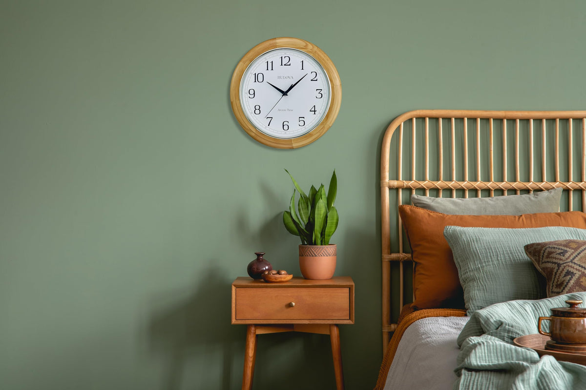 Bulova C5005 Wooden Atomic Analog Wall Clock | Automatically Sets Time | Large Roman Numerals | Battery Operated | Traditional Design