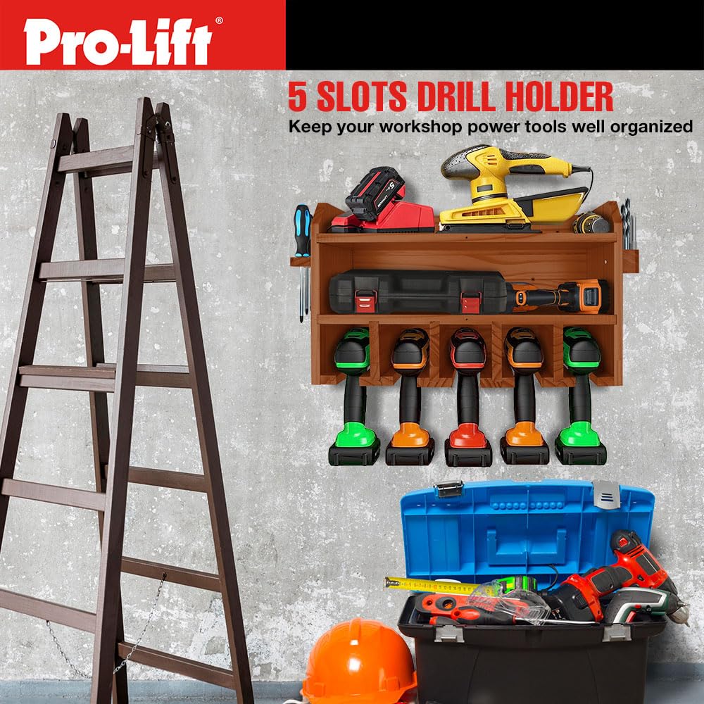 Pro Lift Cordless Drill Organizer – wall mount power tool storage rack, 5 hanging slots, wooden M-003W2