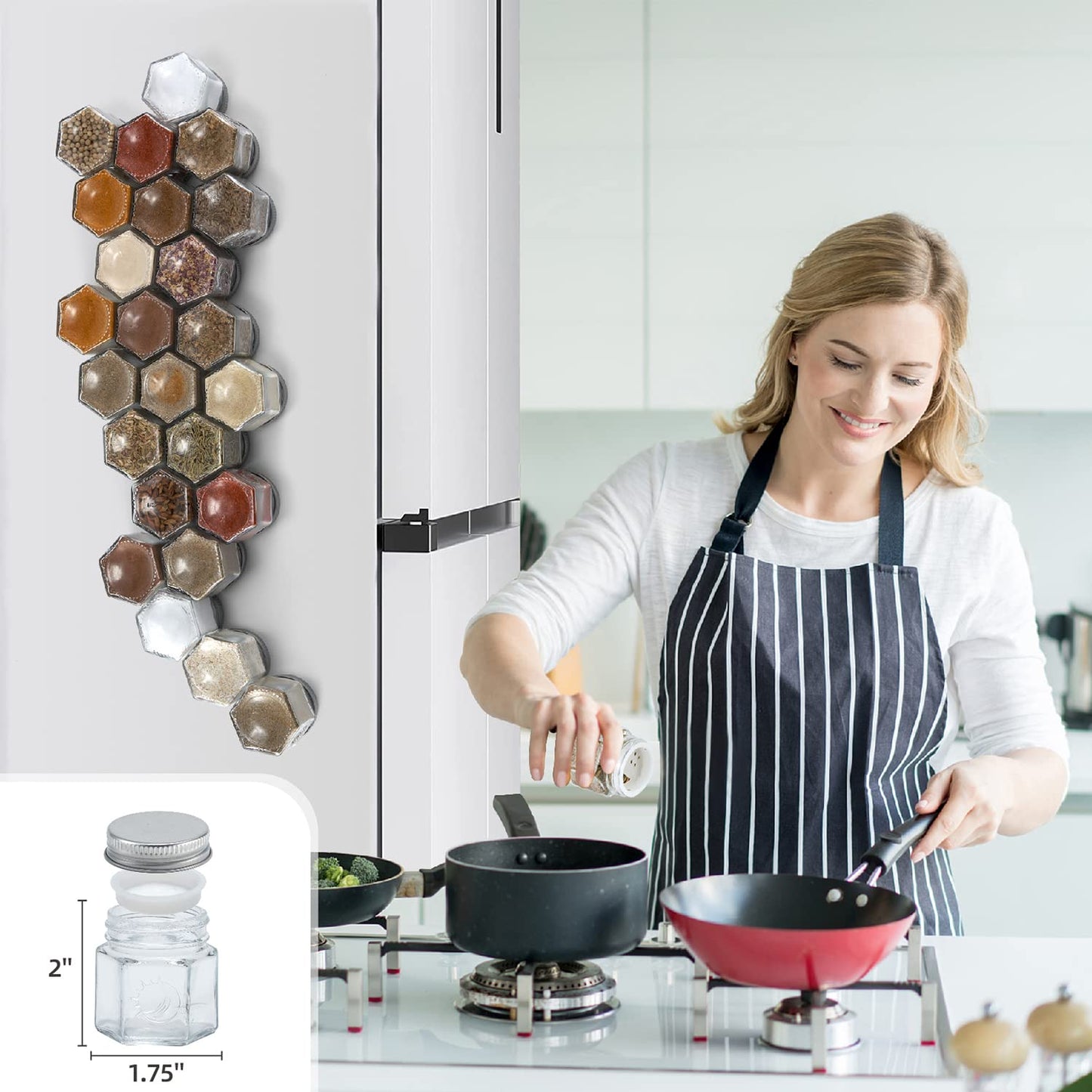 Homazing Set of 20 Large 4oz Magnetic Spice Jars for Refrigerator, Hexagon Glass Magnetic Spice Jars with Shaker Lids and Labels for Kitchen RV Travel Trailer, Magnetic Spice Containers for Fridge