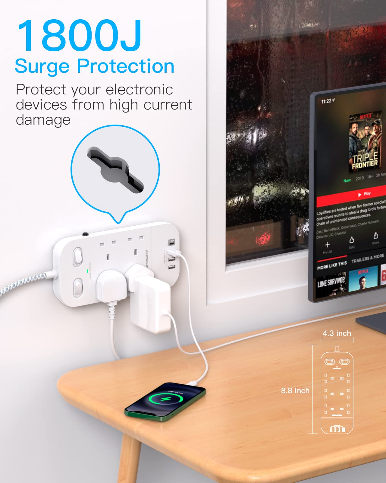4 Way Surge Protected Extension Lead with USB Slots – Multi Plug Power Strip Extension Cable with Double Switches, Plug Extension Socket 1.8M Braided Extension Cord for Home Office Accessories
