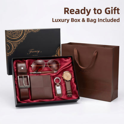 CXLZENGH Premium 6-Piece Men’s Gift Set — Belt, Wallet, Watch, Sunglasses, Keyring and Pen — A luxurious birthday/Christmas gift for dad, husband or boyfriendCoffee Brown