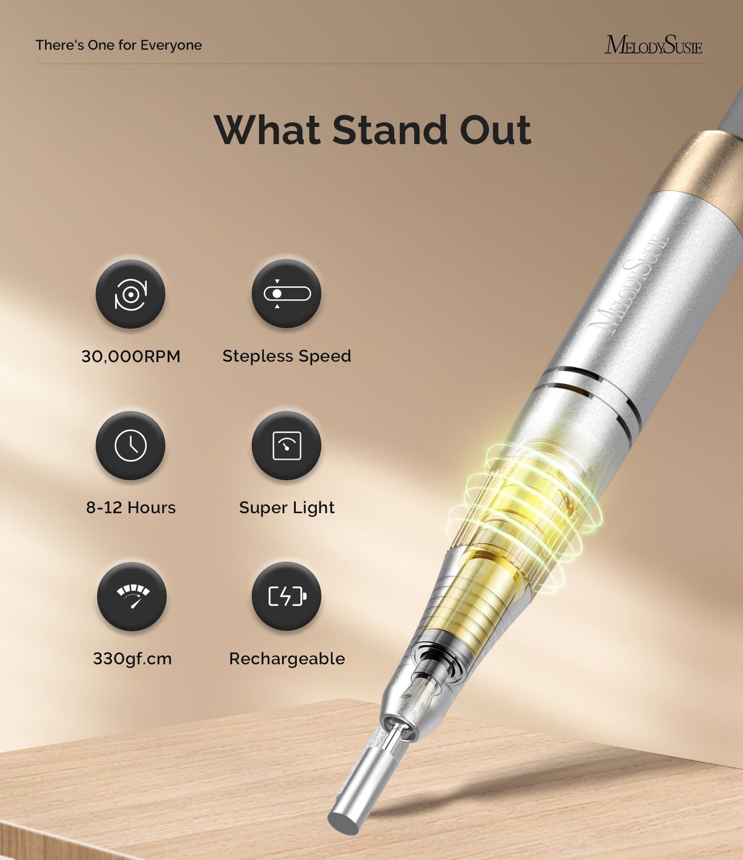 MelodySusie 2 in 1 Professional Nail Drill, 30000 RPM SC330G Electric Nail File with Kickstand for Gel Nails Polishing Removing, Portable Cordless Nail Efile for Manicure Pedicure at Home & Salon,Gold