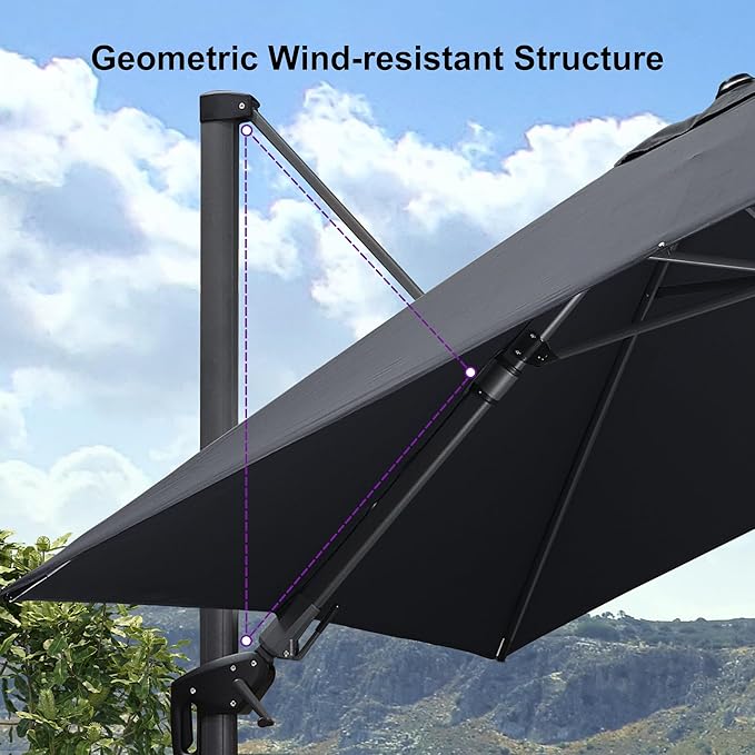 PURPLE LEAF 9.8' X 9.8' Tilting Patio Umbrella with Base Outdoor Cantilever Swivel Square Umbrella with Tilt Aluminum Offset Umbrella with 360-degree Rotation for Garden Deck Pool Patio Grey
