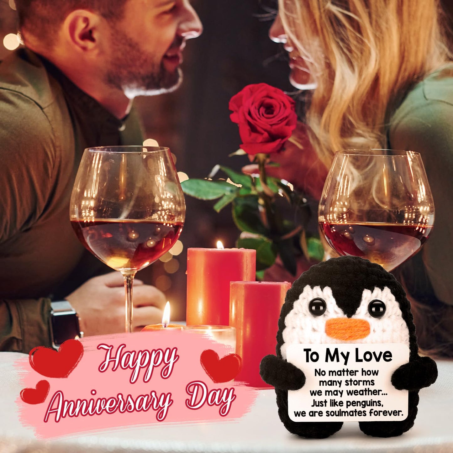 Valentines Day Gifts for Him Her, To My Love Handmade Crochet Mini Penguin Anniversary Birthday Gift for Boyfriend Girlfriend Wife Husband, Romantic I Love You Valentines Gifts for Women Men Couple