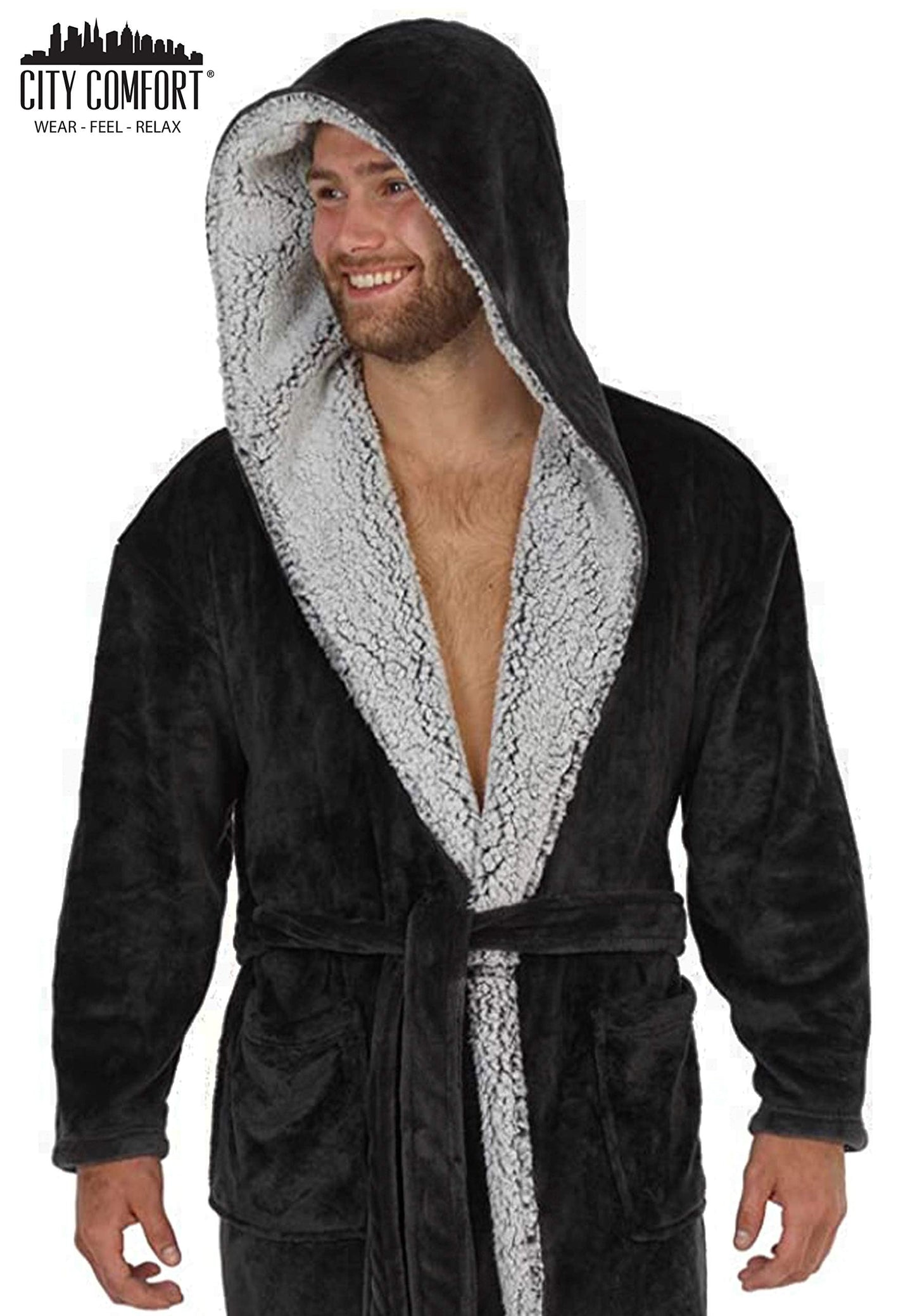 CityComfort Dressing Gown Men and Teenagers - Super Soft Hooded Mens Fleece Robe - Sizes M-2XL Warm Cosy Loungewear Nightwear (Charcoal Black, XL)