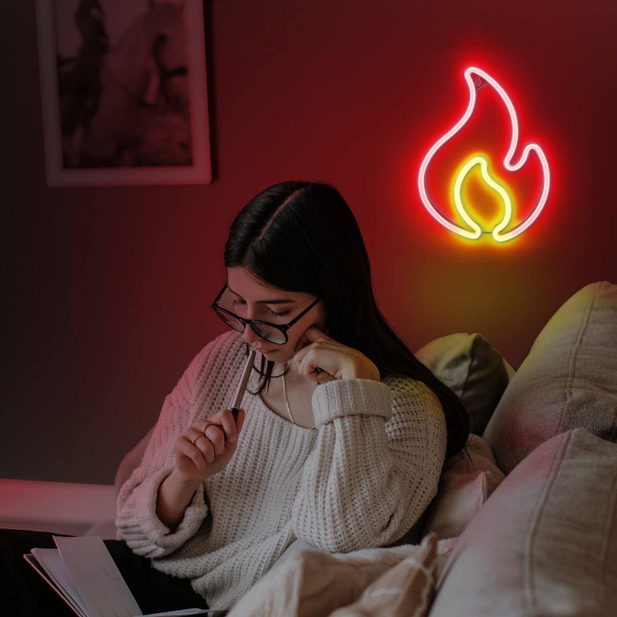 Lumoonosity Flame Neon Sign, Red and Yellow Neon Light with On/Off Switch, Led Light Sign for Wall Decor, Hanging Flame Shaped Light, Fire Neon Lights for Bedroom, Gaming Room Setup
