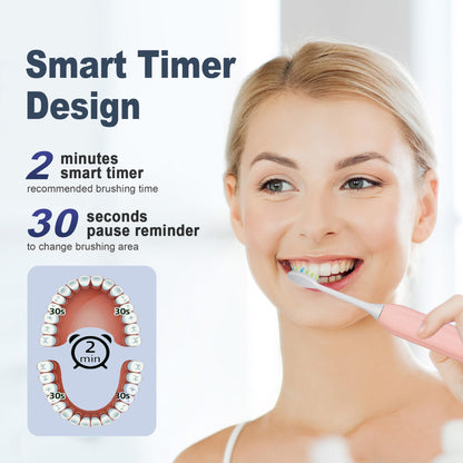 7AM2M Sonic Electric Toothbrush for Adults and Kids, One Charge for 90 Days, with 6 Brush Heads, 5 Modes with 2 Minutes Build in Smart Timer, Roman Column Handle Design (Pink)