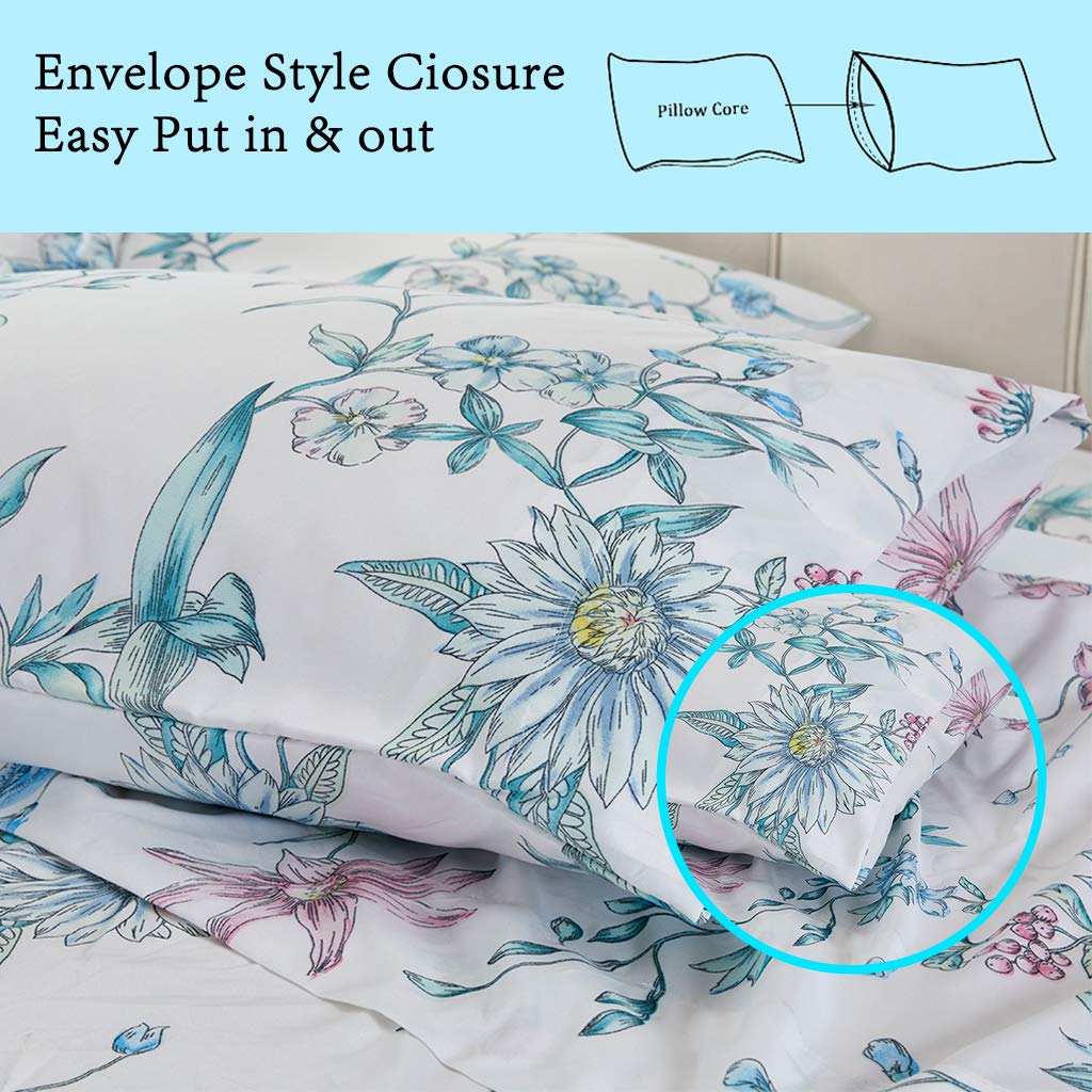 JSD White Blue Floral Printed Sheet Set Full Size, 4 Piece Botanical Microfiber Sheets Extra Deep Pocket