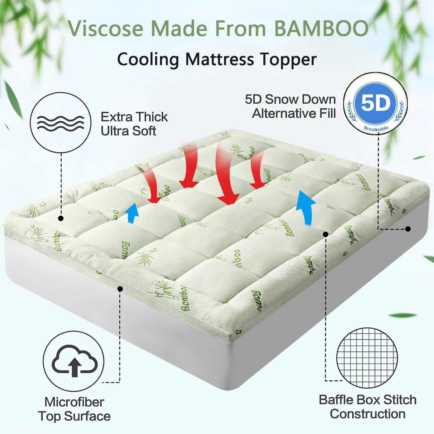 PATSBA Premium Viscose Made from Bamboo King Size Mattress Topper for Back Pain,1200 GSM Quilted Fitted Extra Thick Mattress Pad,Pillow Top Mattress Cover with Deep Pocket Up to 21 Inches（78*80inch）
