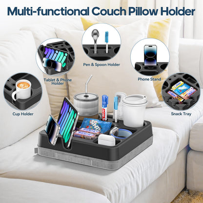 Couch Cup Holder Tray Couch Cup Holder Pillow Bed Tray Snack Sofa Bed Caddy Organizer Beach Sofa Drink Holder Anti-Spill Portable Snack Caddy Couch Remote Holder for Phone Pad Kindle Beverage Black