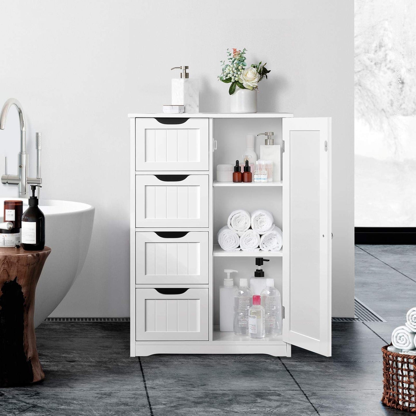 Yaheetech Bathroom Floor Cabinet Cupboard Free Standing Wooden Cabinet Storage Unit with 4 Drawers & 1 Door, Adjustable Shelf, White