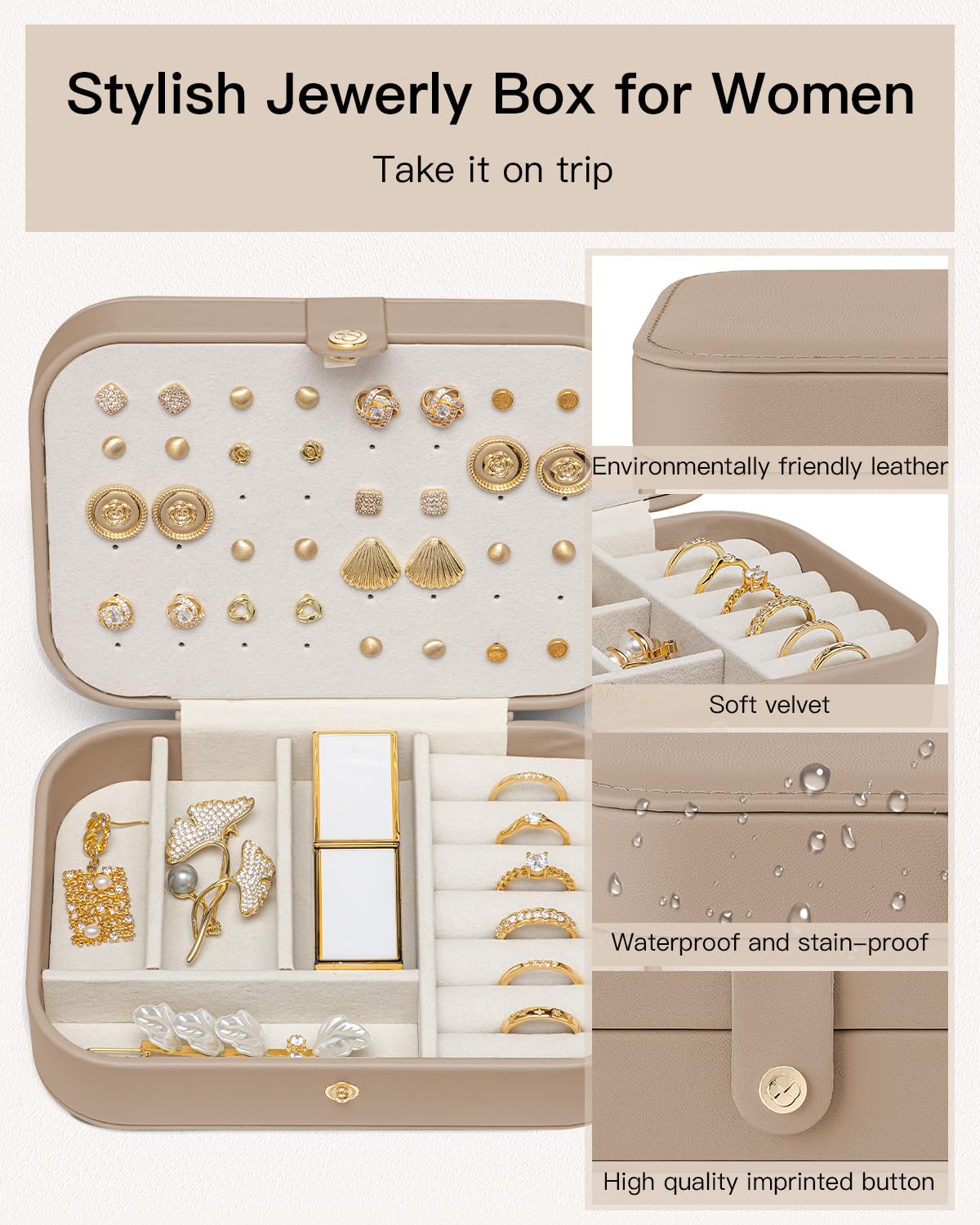 VLANDO Travel Jewelry Case for Women Girls Mothers, PU Leather Small Jewelry Box for Rings, Necklaces, Bracelets, Earring Holder Organizer Storage for Travel Accessories, Valentines Gift - Toffee
