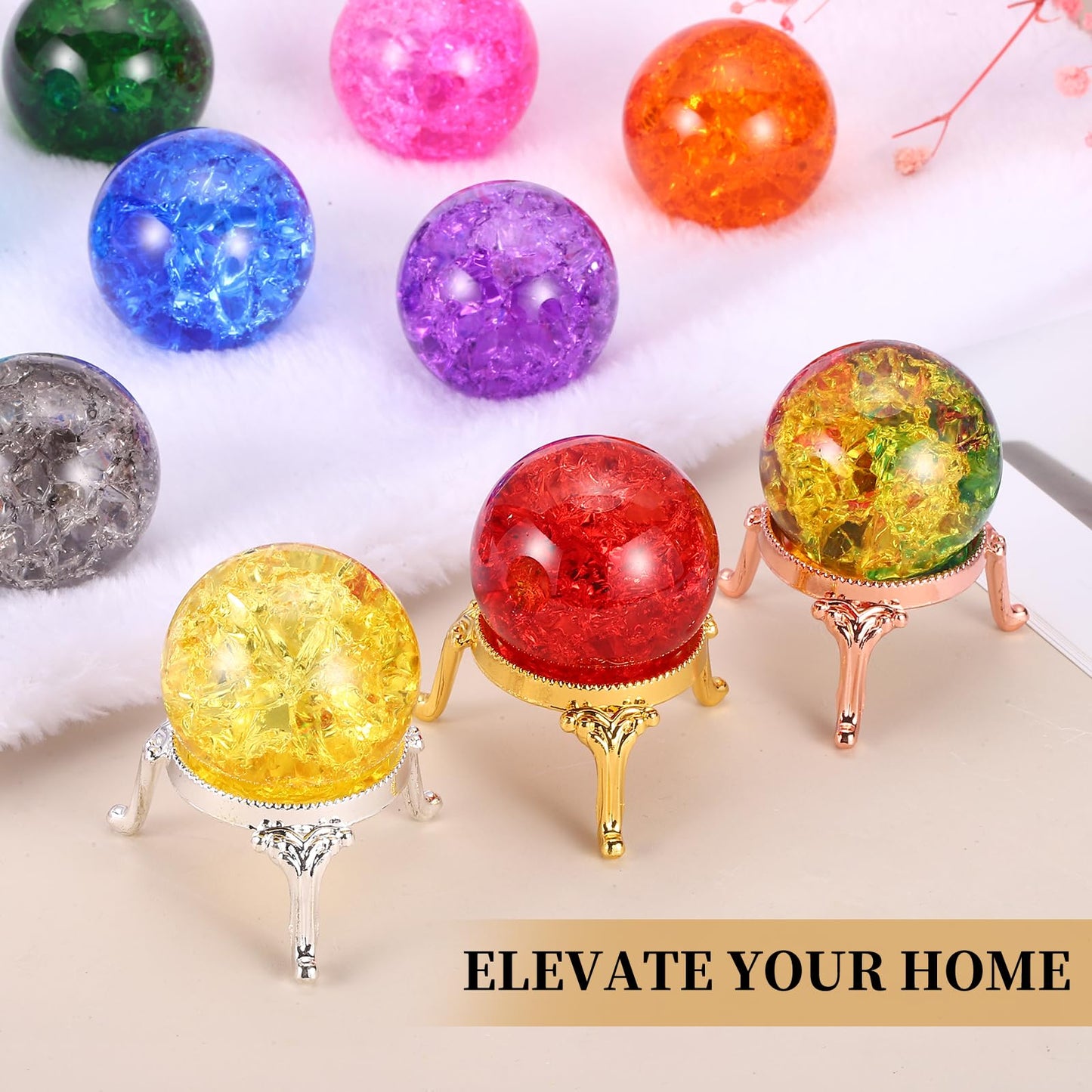 PATIKIL Crystal Ball 40mm, Ice Cracked Glass Ball with Metal Stand, Decorative Crystal Sphere Glass Paperweight for Home Office Table Decor, Pink/Gold