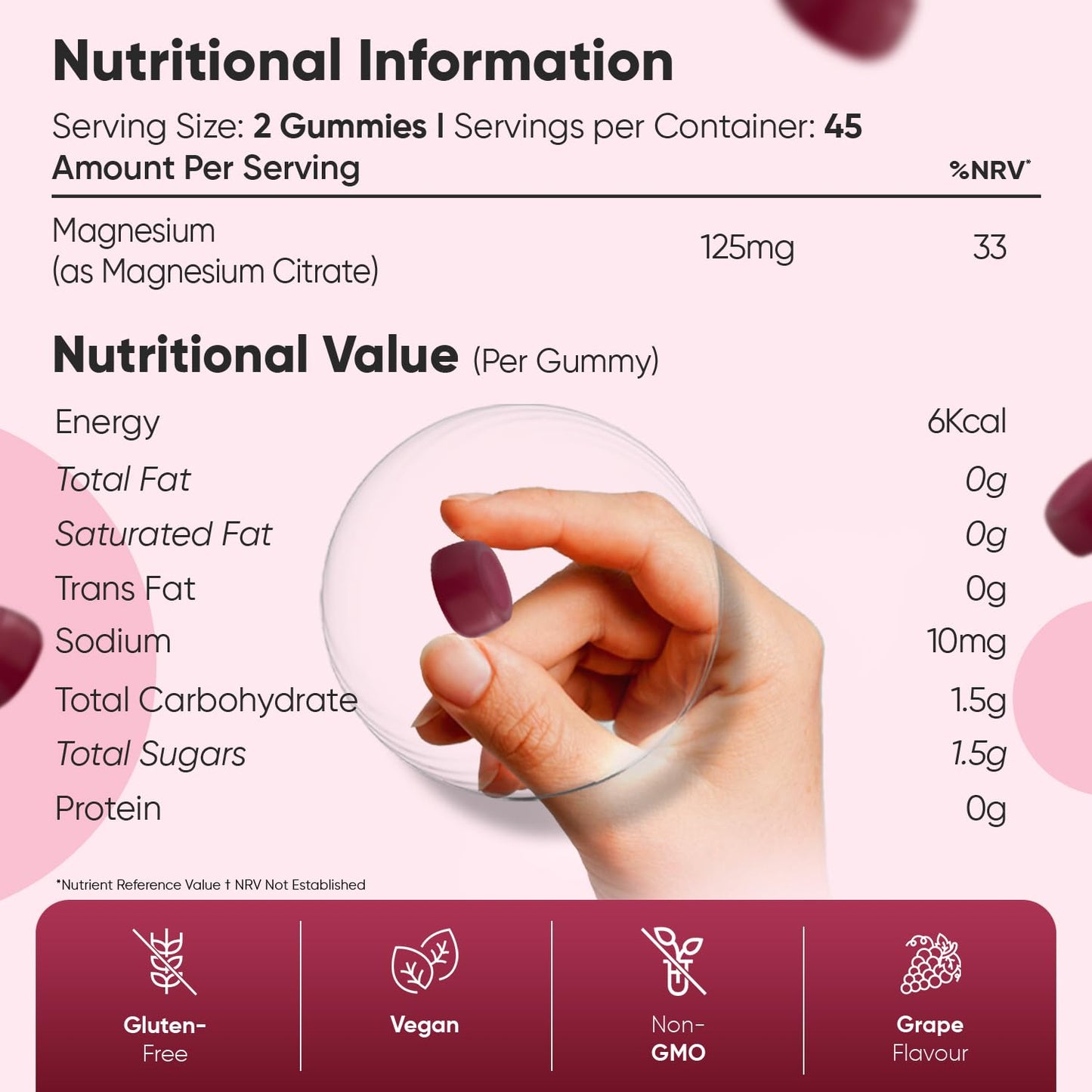 Magnesium Gummies | 90 Vegan Gummies | 125mg Magnesium Supplements | 45 Days Supply | Natural Grape Flavour | Gluten-Free