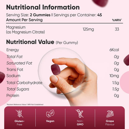 Magnesium Gummies | 90 Vegan Gummies | 125mg Magnesium Supplements | 45 Days Supply | Natural Grape Flavour | Gluten-Free