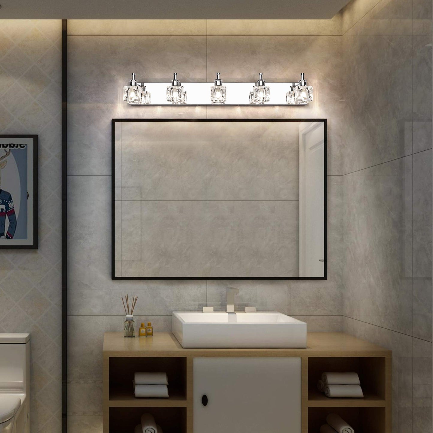 PRESDE Crystal Bathroom Vanity Light Fixtures 5 Light Bathroom Light Fixtures Over Mirror Modern LED Chrome Bath Lighting