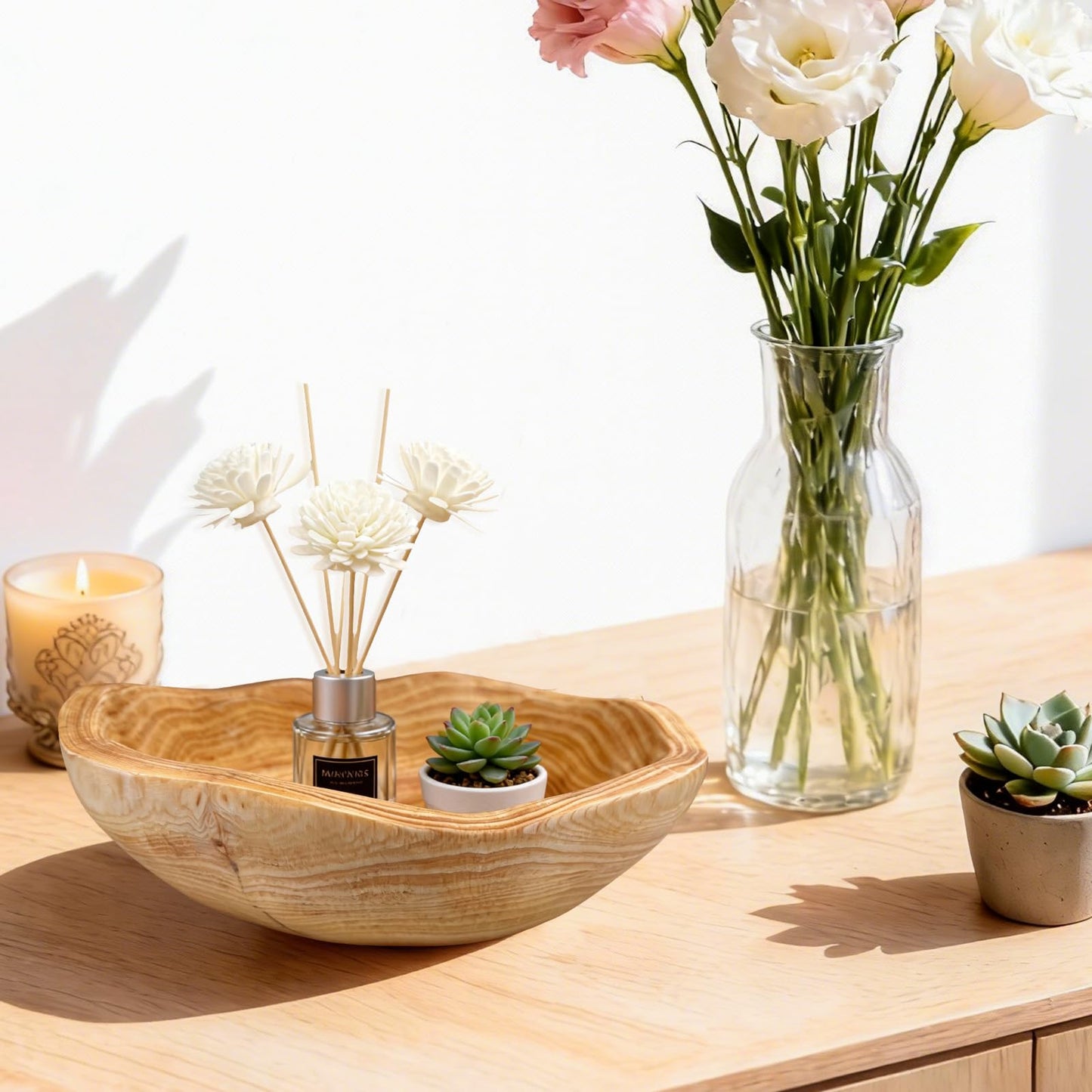 Fakindiy Handmade Wood Kitchen Fruit Bowl 10-12in - Irregular Wooden Decorative Bowl for Kitchen Counter, Wooden Serving Bowl for Salads Snacks Keys and Home Decor