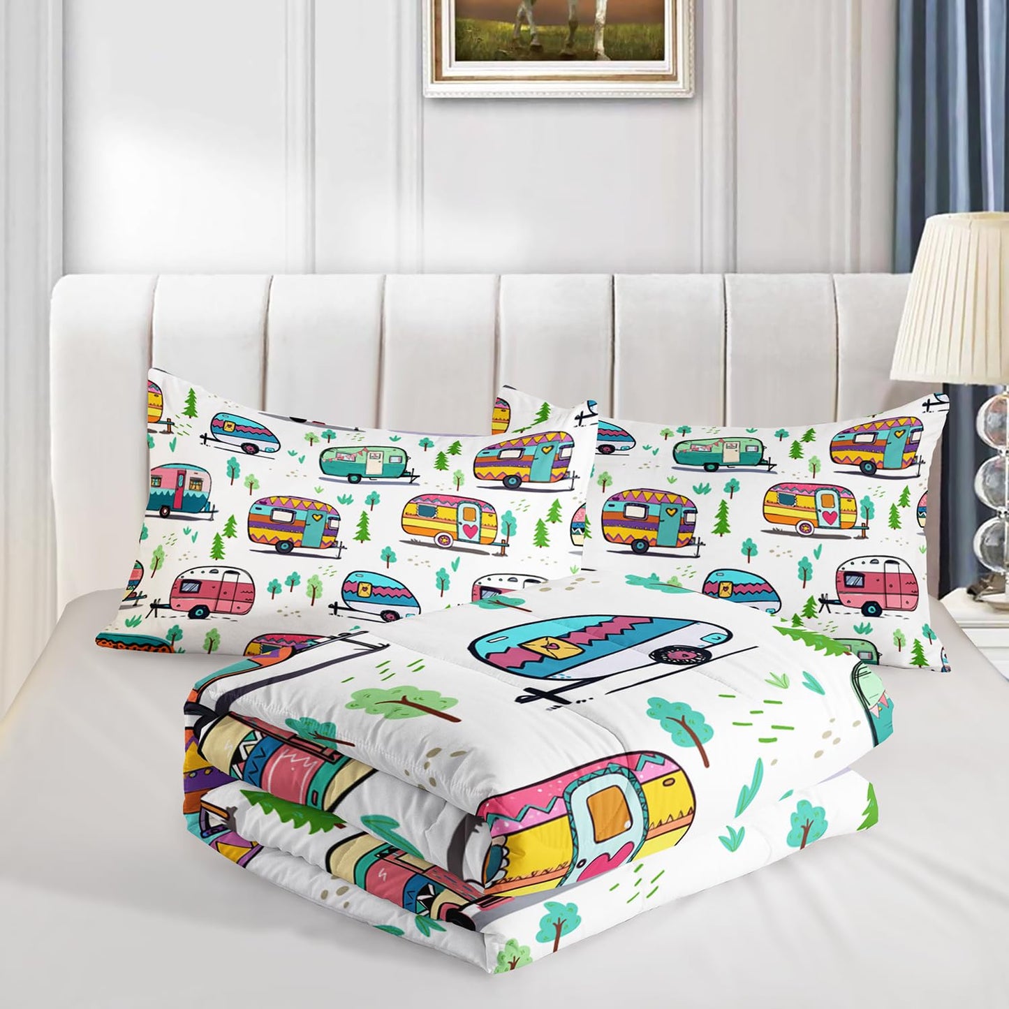 HOSIMA Happy Camping Bedding Queen Comforter Set for Girls Boys,Rustic Farmhouse Camping Trailer Bedding Set,Camping Trailer Forest Printed Comforter Kids Bedding Set with 2 Pillowcases.