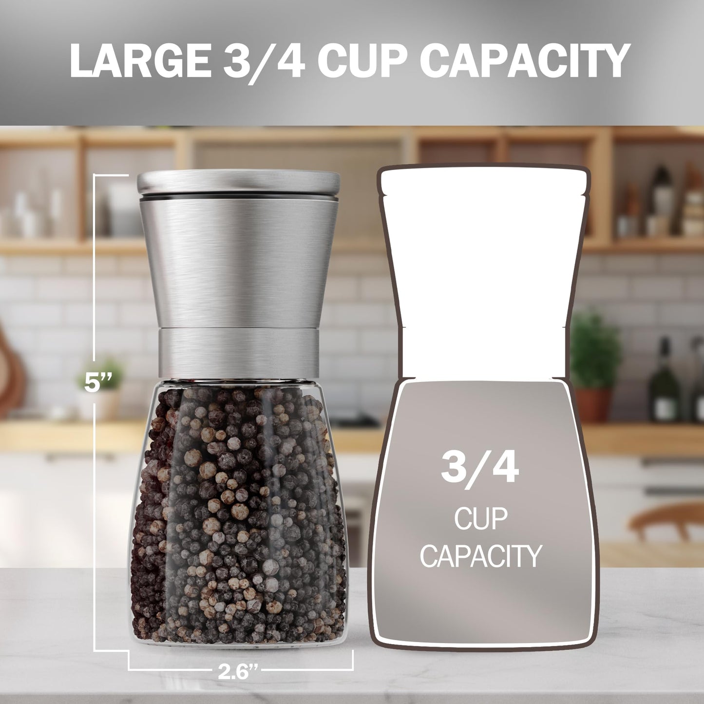 Home EC Original Stainless Steel Sea Salt and Pepper Grinder Set of 4 - Adjustable Ceramic - Glass Salt and Pepper Shakers Mills - Modern Kitchen Spice Mill W/Funnel & EBook