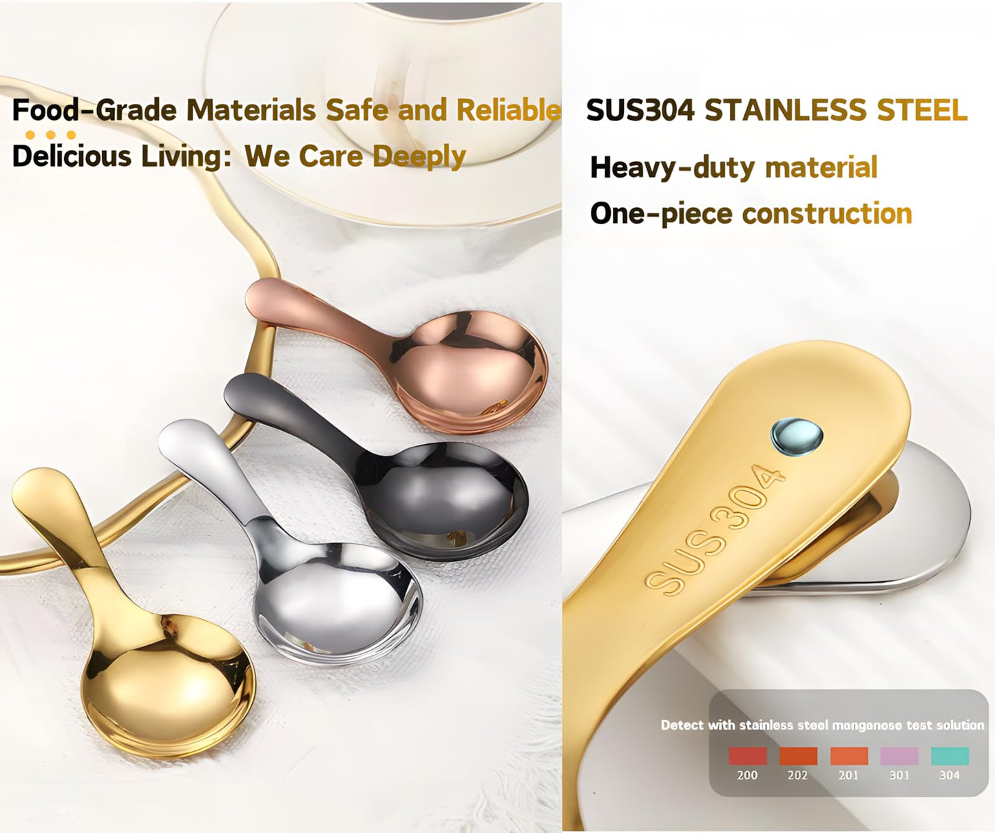 5PCS Short Handle Spoon, Stainless Steel Mini Spoons Thickened Small Round Spoon For Salt Condiments Dessert Tea Coffee (Black)