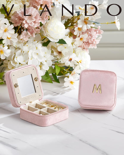 VLANDO Birthday Gifts for Women Friendship, Personalized Initial Jewelry Box, Friendship Gifts for Women Friends, Travel Essentials Small Jewelry Box, Travel Box for Girls - Letter J, Pink