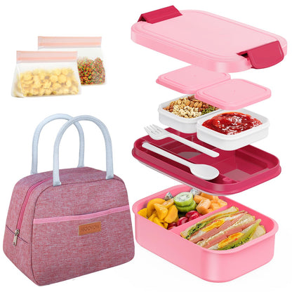 JBGOYON Bento Box and Lunch Bag Set, Leak-Proof Lunch Box for Adults and Kids with Built-in Utensils, Insulated for Work School Travel, Microwave & Dishwasher Safe, All-in-One (Pink)