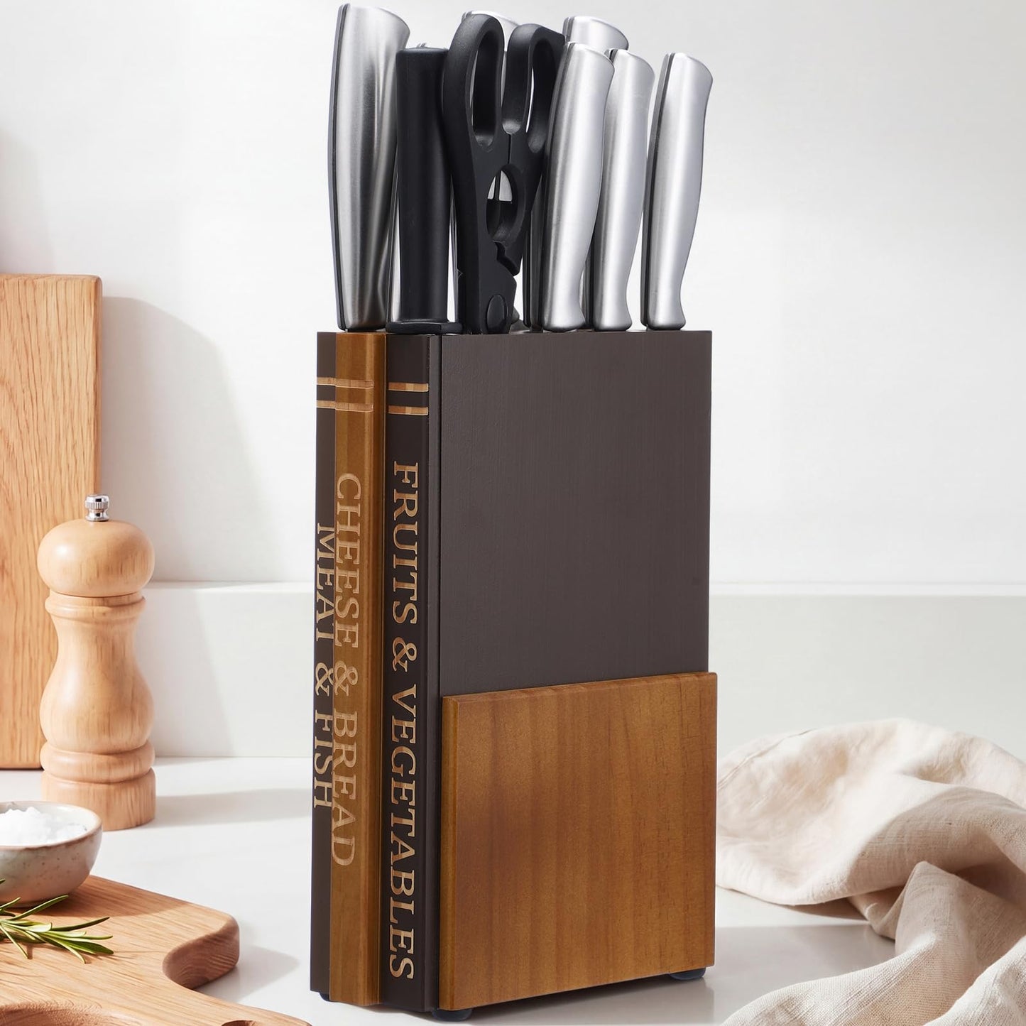 Book Knife Block Holder for Kitchen Countertop Wood Knife Block Without Knives 12 Slot Book Cutting Board Accessories Decorative Storage Organizer that Look Like Books Gift for Home Cooks