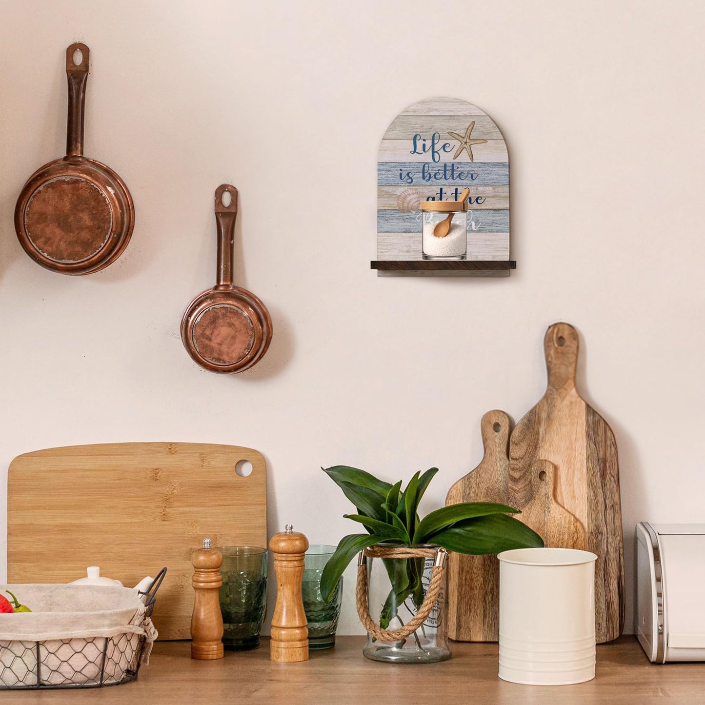 GWFSJYU Coastal Beach Arched Wall Shelf Decor, Nautical Theme Wooden Floating Shelves, Life is Better at the Beach Gifts Hanging Wall Shelves Decor for Bathroom Living Room Kitchen, 9.45x7.09In
