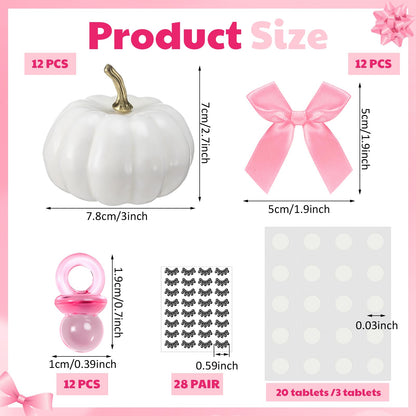 Nuanchu 12 Sets DIY Pumpkin Painting Kit for Party 12 Foam Craft Pumpkins, 12 Pink Bows 12 Pink Sucking Ring 28 Pairs of Eyelash Sticker for Birthday Table Decor Adult