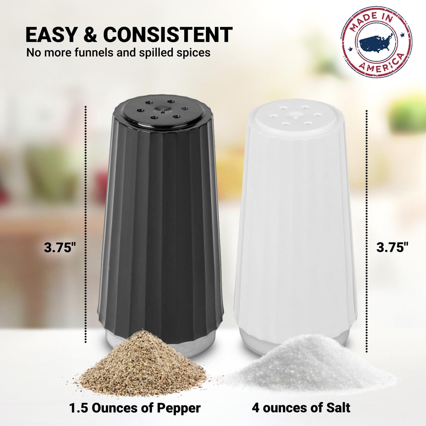 Disposable Plastic Salt and Pepper Shakers by Global Basics - Shaker Sets for Parties, Restaurants, Picnics, Cookouts - Prefilled Salt and Pepper Shakers with 4oz. Salt, 1.5oz. Pepper - 12-Pack