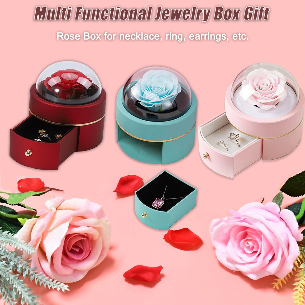 Preserved Handmade Rose Box with Four Leaf Clover Necklace, Jewelry Boxes Poetry Roses Gifts for Women Her Mom Wife Girlfriend on Valentines,Mother's Day with ''To My Love'' Card (Romantic Red)