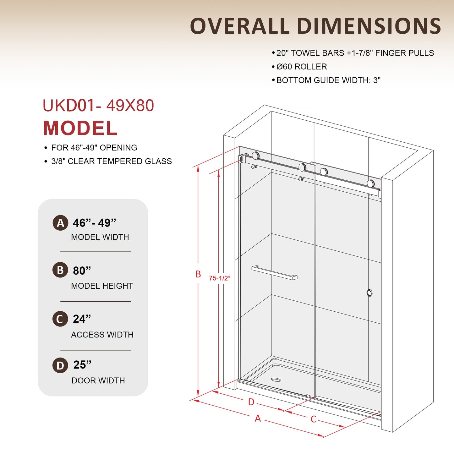 UKD01 46 to 49 in. W x 80 in. H Double Sliding Frameless Shower Doors - Stainless Steel 3/8" (10mm) Certified Tempered Glass 49x80-SB