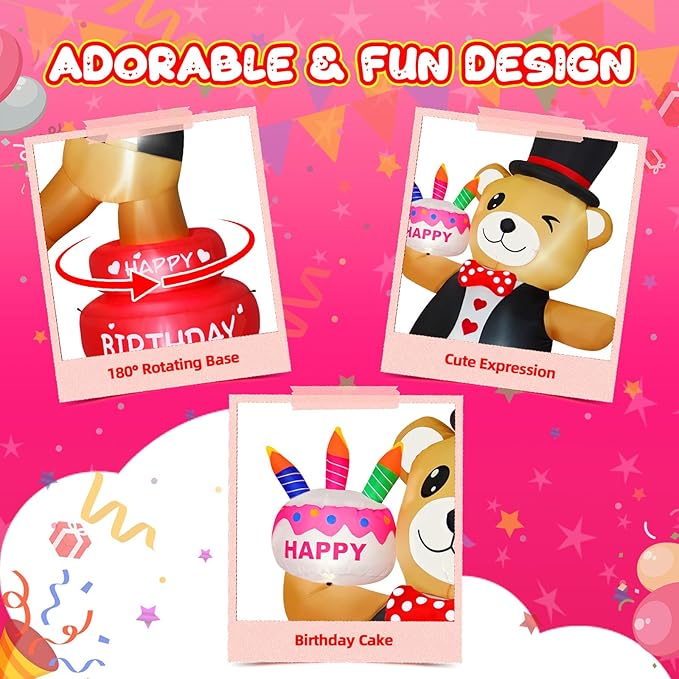 6FT Birthday Inflatable Decorations Happy Birthday Cake Outdoor Decor with Candles Lighted Blow Up Party, Brown Bear Holding Cake, Bright LED Lights for Home Celebration Garden Yard Lawn Decor