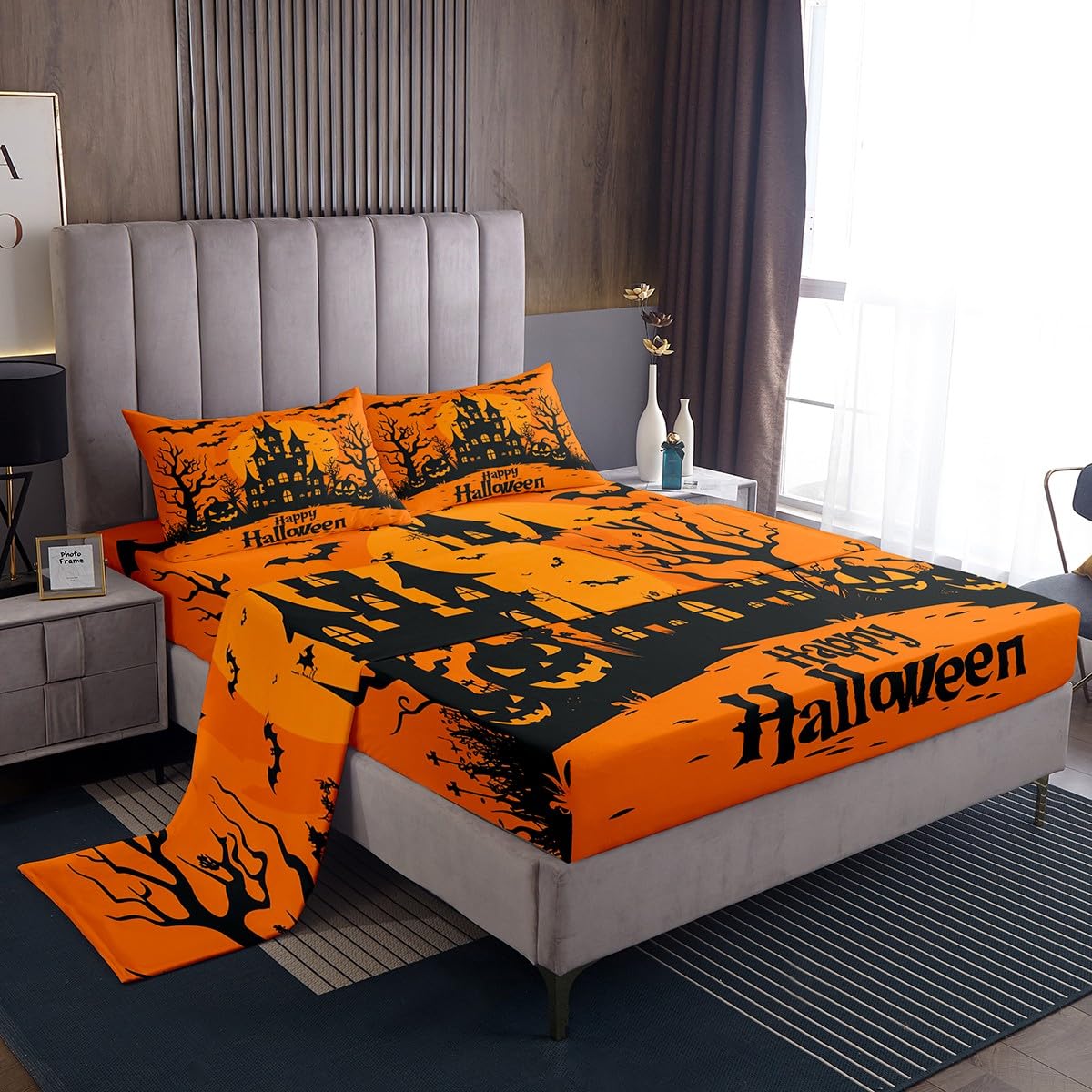 jejeloiu Halloween Decor Bed Sheets Set Twin Size Pumpkins Bed Set for Kids Boys Girls Haunted Houses Deep Pocket Fitted Sheet Dead Tree Breathable Soft Lightweight Microfiber