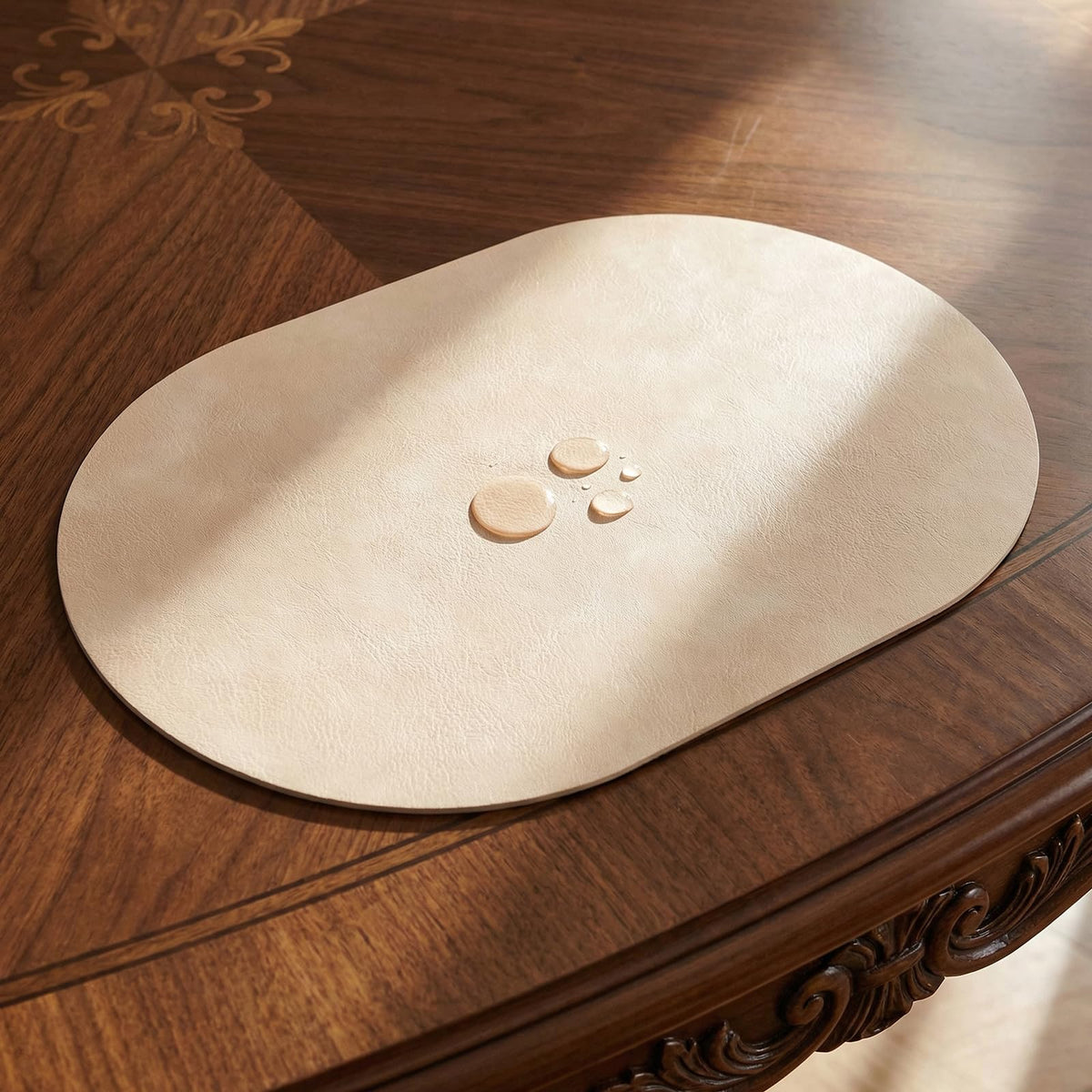 BIPASION Placemats, Oval Placemats 2mm Ultra Thick Faux Leather Table Mats, Heat Resistant Waterproof Wipeable Dining Mats for Kitchen Table, Set of 8, Beige