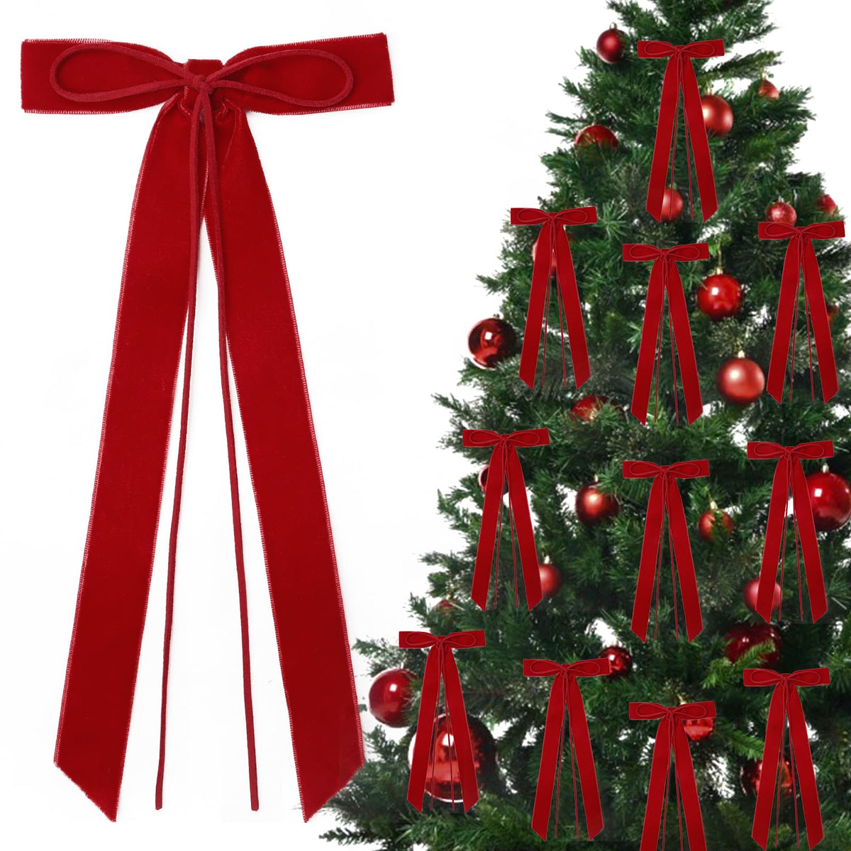 12Pcs Red Velvet Ribbon Bows Christmas Tree Decorations,5in x 10in Xmas Ornaments for Tree Home Party Front Door Wreath Holiday Decor