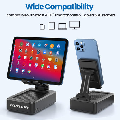 JTEMAN Cell Phone Stand with Bluetooth Speaker, HD Stereo Sound & Anti-Slip Base, Foldable Adjustable Desktop Phone Holder for Home Office, Cool Tech Gadgets Birthday Gifts for Men Women (Black)