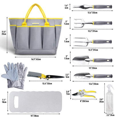 Jardineer 11Pcs Gardening Tools Set - Durable Hand Garden Tools, Knee Pad, Grass Shear, Tote Bag, Spray Bottle, Gardening Gifts for Mom Women Men