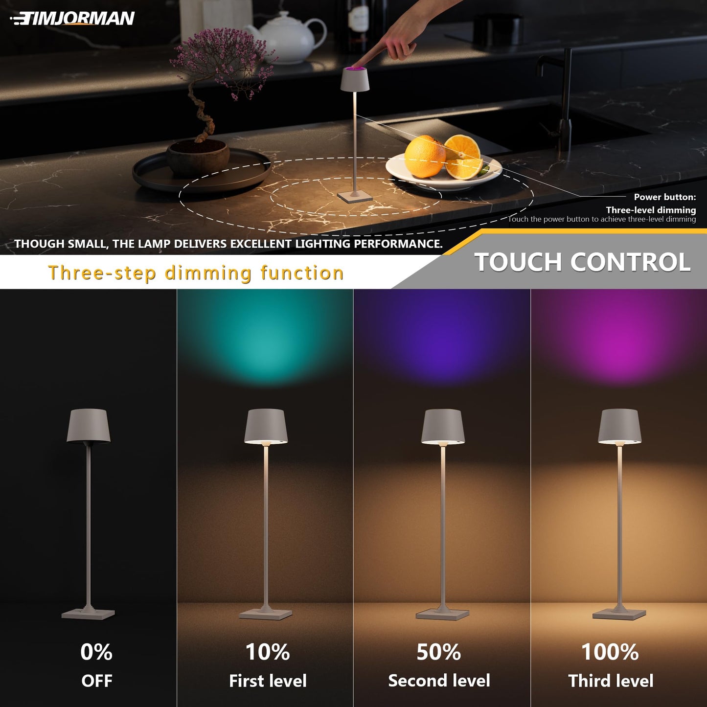 Timjorman Compact Cordless Table Lamp, Rechargeable LED Night Light, Dual Light Source (RGB Top & Warm Bottom), Touch Control & Timer, Metal Lamp for Bedroom & Kids Room (Greige 1PACK)
