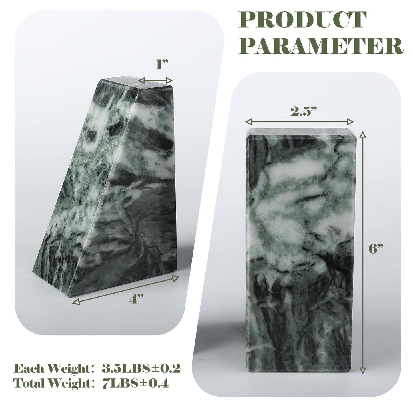 Karibiber Marble Bookends for Heavy Books, Decorative Bookends for Shelves, Green Stone Book Ends, Heavy-Duty Book Ends for Hardback Book & Cookbooks, Unique Book Stopper & Holder, Set of 2