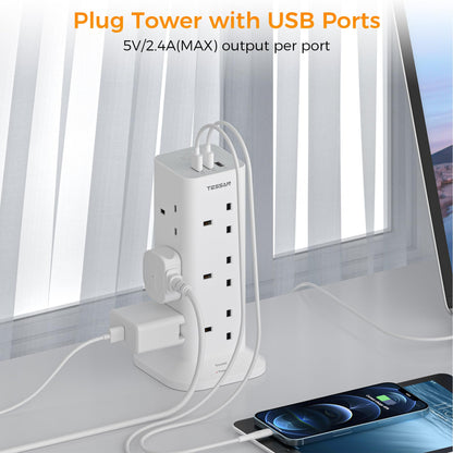 Tower Extension Lead with 3 USB Slots, TESSAN 12 Way Multi Plug Adaptor with Switch, Surge Protected Power Strip with 2M Cable (13A 3250W) for Home, Office, Kitchen, School Supplies