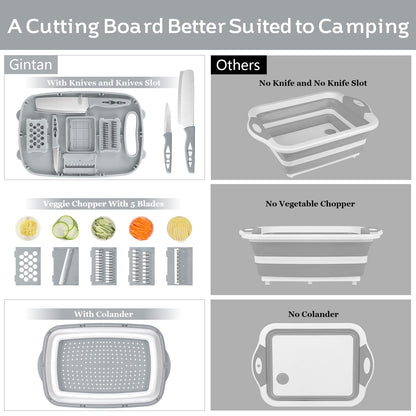 Gintan Camping Cutting Board, 9-in-1 Collapsible Chopping Board with Colander, Kitchen Vegetable Washing Basket for Camping, Camping Gifts Camping Accessories for RV Campers (Gray)