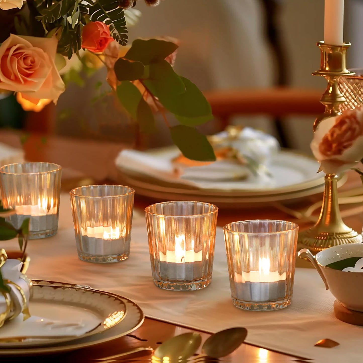 ComSaf Votive Candle Holders, 6 PCS Glass Candle Holders, Ribbed Tealight Candle Holder for Table Centerpieces, Gold Candle Holder for Wedding, Party, Baby Shower, Special Occasions, Fall Home Decor