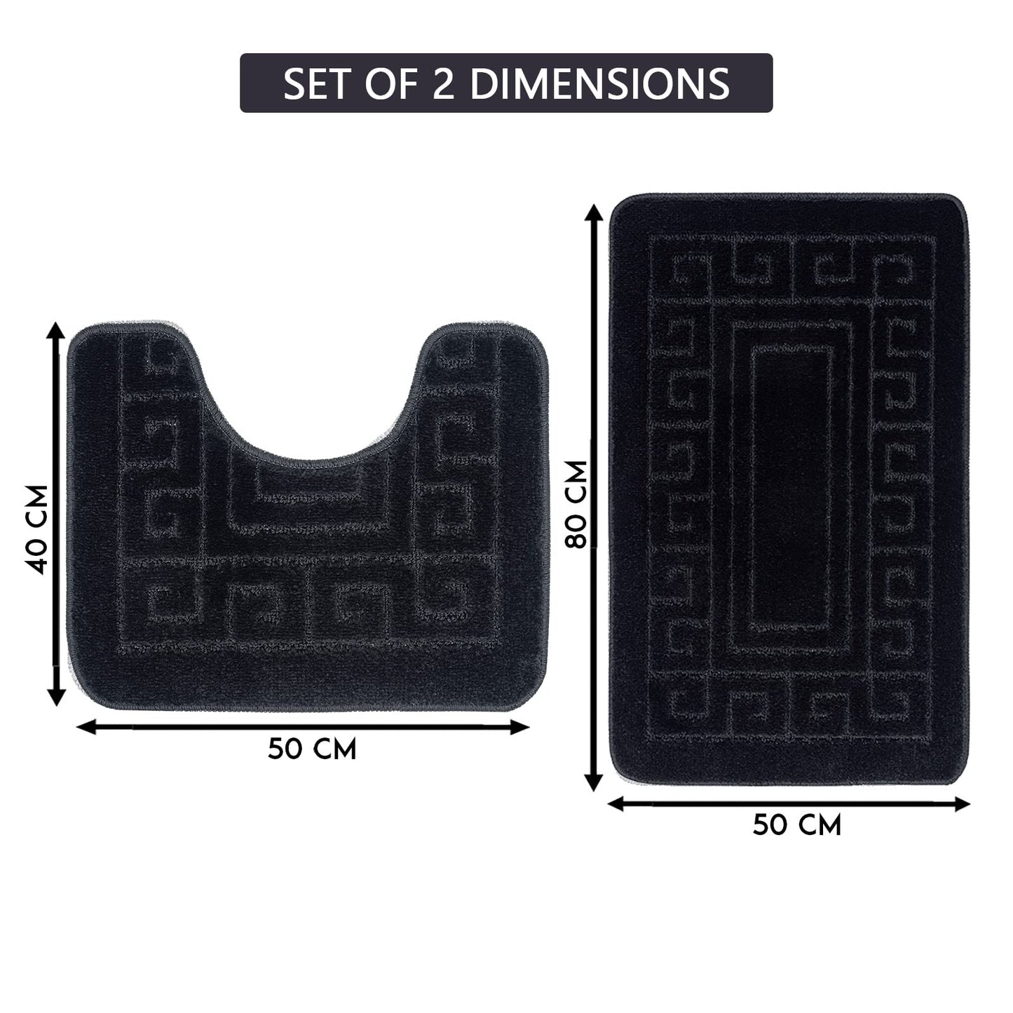 EDS Luxury 2 Piece Greek Bath Mat Set Non Slip Ultra Soft Bathroom Mats Water Absorbent Bath Mats Machine Washable Rug Toilet Mat for Bathroom Floor (Black)