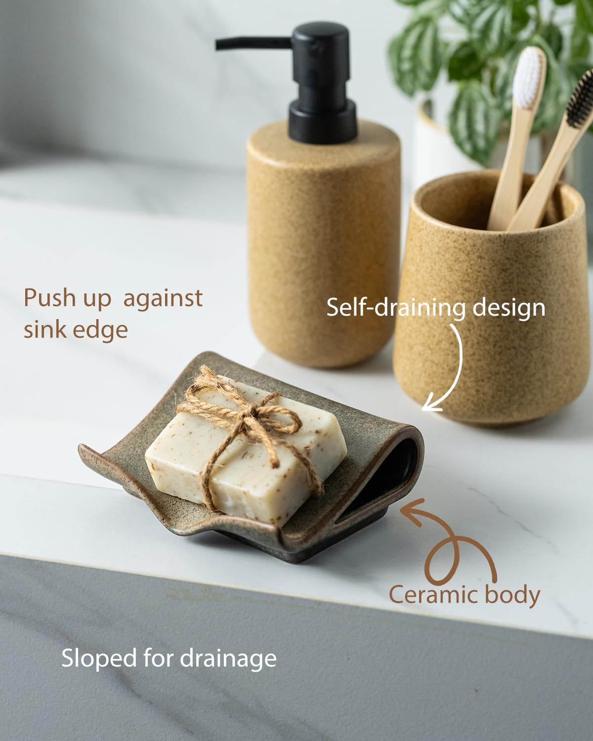 Zoeeker Self-Draining Soap Dish, Ceramic Bar Soap Holder Waterfall Design Soap Saver for Bathroom, Kitchen, Sink, Countertop, Keeps Dry, Variegated Brown Glaze