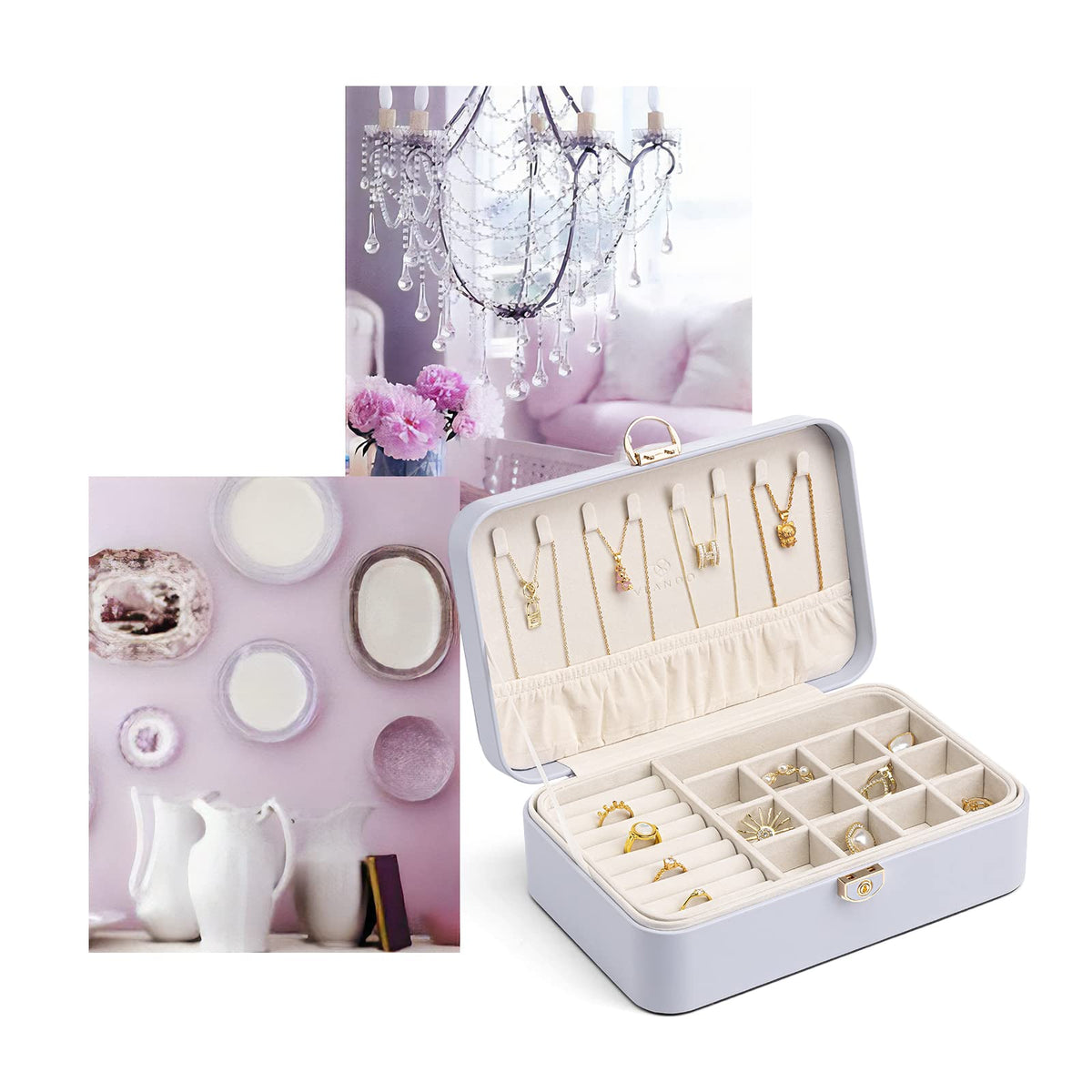 Vlando Jewelry Box Organizer for Girl,Faux Leather Lockable Jewelry Holder Organzier Case Boxes with 2 Layers,Earrings Necklace,Rings Storage,Wedding Warm Gifts Purple